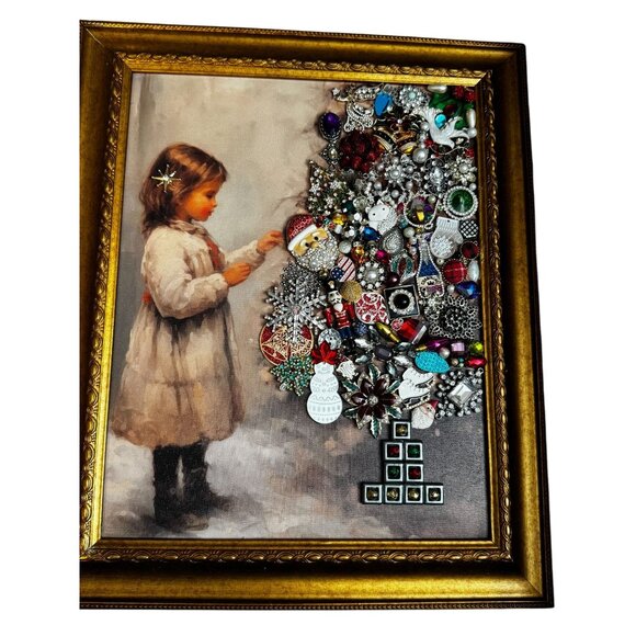 Girl Decorating Christmas Tree Vintage Jewelry Art Framed Picture by Betty - Picture 9 of 9